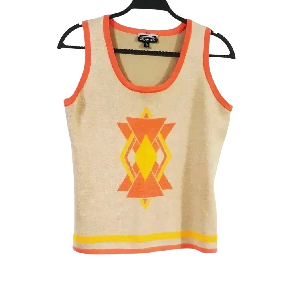 Allison Brittney Womens L Geometric Graphic Knit Sleeveless Tank Top Orange Tan